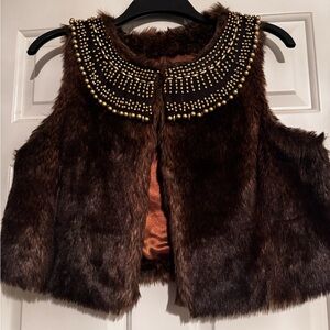INC International Concepts Brown Faux Fur Vest with Gold Beaded Detail